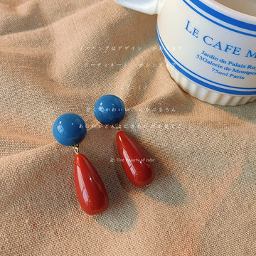 Blue Round Top And Red Long Teardrop Drop Stud Earrings For Women