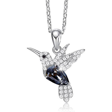 Silver Tone Flying Bird Black Teardrop Pendant Necklace