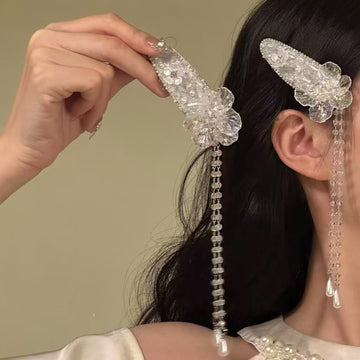 Crystal Rhinestone Flower Duckbill Hair Clip Pearl Bead Tassel