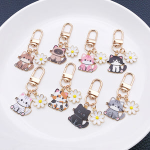Mixed Cat and White Daisy Enamel Clip Keychain Eight-Style Collection