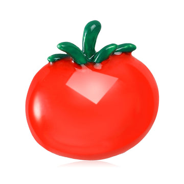 Glossy Red Tomato Brooch With Sculpted Green Enamel Stem