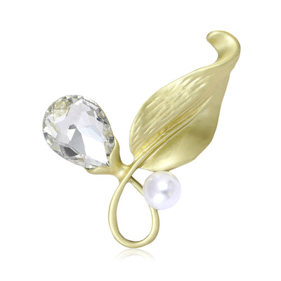 Matte gold leaf brooch clear rhinestone white pearl on white