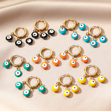 Gold Tone Triple Evil Eye Bead Huggie Drop Earrings in Five Colors