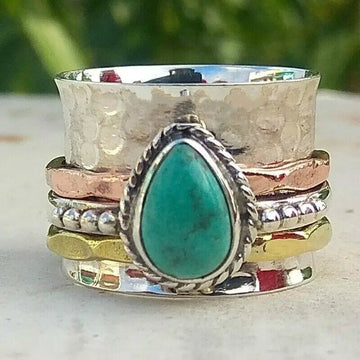 Tri-Tone Hammered Turquoise Drop Spinner Ring Sizes 6-13