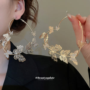Silver Tone Butterfly Heart Crystal Hoop Earrings Jewelry Pair