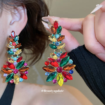 Multicolor Crystal Leaf Cluster Statement Drop Earrings