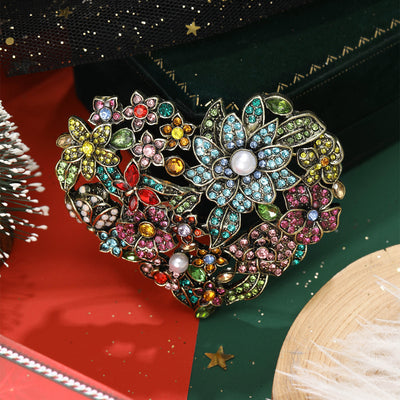 Multicolor Floral Heart brooch With Crystals And Pearl shown in front view on a light background