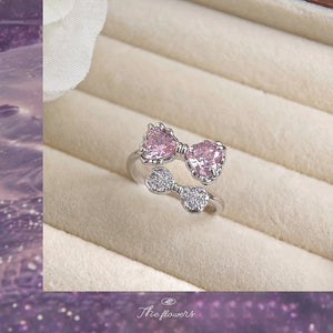 Silver Tone Pink Heart Stone And Crystal Bow Open Ring