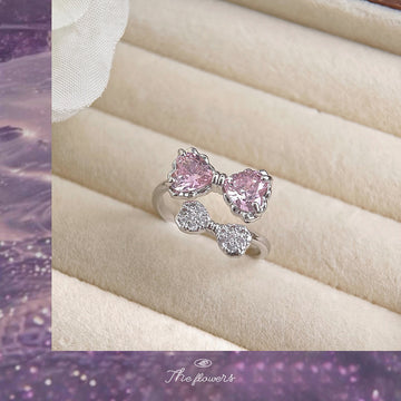 Silver Tone Pink Heart Stone And Crystal Bow Open Ring