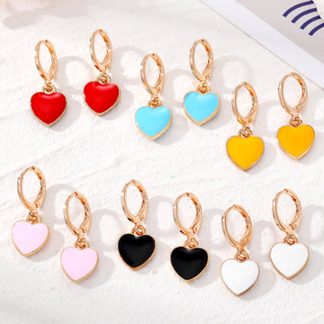 Gold Tone Small Enamel Heart Huggie Drop Earrings in Six Colors