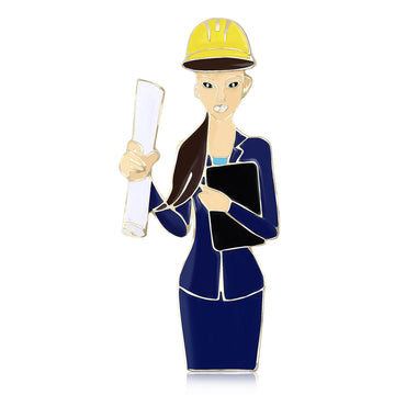 Woman Engineer Enamel Brooch With Hard Hat and Blueprint