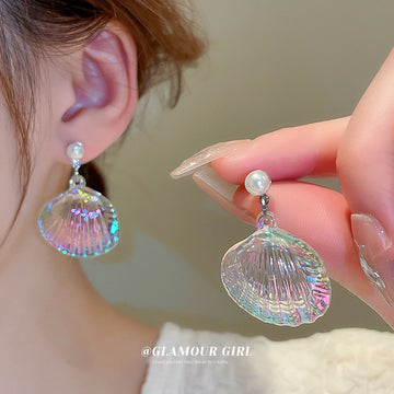 Iridescent Shell and Pearl Drop Earrings Fashion Jewelry