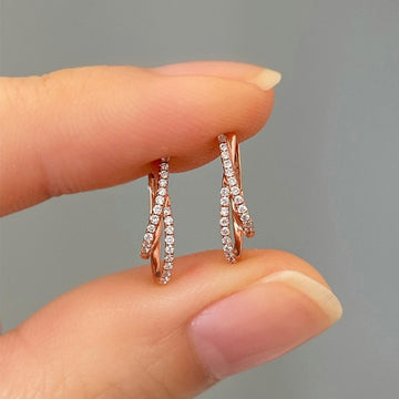 Rose Gold Crossed X Pave CZ Huggie Hoop Earrings Metal