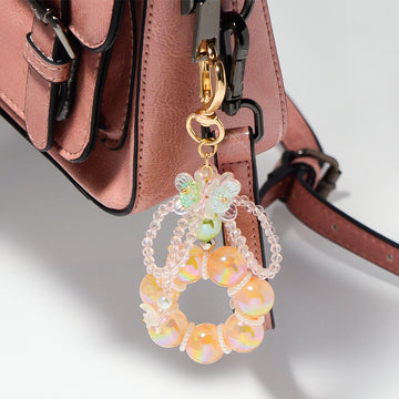 Iridescent Bead Ring Keychain Heart Clasp Flower Five Colors