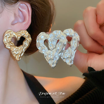 Silver Tone Irregular Open Heart Stud Earrings with Textured Finish
