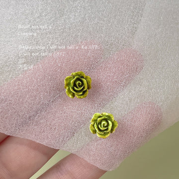 Green Rose Flower Mini Stud Earrings Textured Metal