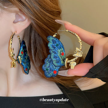Blue Embroidered Butterfly Hoop Earrings in Two Designs