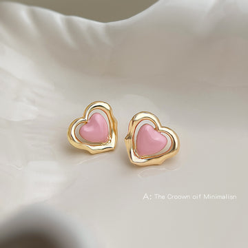 Gold Wavy Open Heart Frame Pink Enamel Heart Stud Earrings