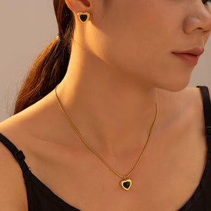 Gold Heart Black Acrylic Center Stud Earrings And Necklace