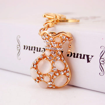 Gold Tone Money Bag Keychain Pink Cabochons Clear Rhinestones