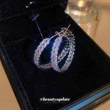 Silver Tone Crystal Leaf Hoop Earrings Statement Jewelry