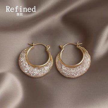 Gold Tone Wide Crescent Textured Hoop Earrings For Women