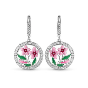 Silver Tone Pink Floral Medallion Drop Earrings with Clear Stone Accents