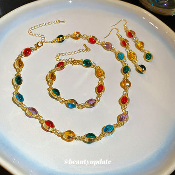 Gold Multicolor Oval Cabochon Earrings Bracelet Necklace