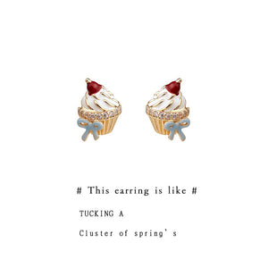 Gold Tone White Icing Red Fruit And Blue Bow Cupcake Stud Earrings