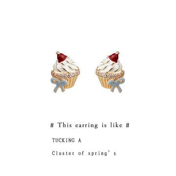 Gold Tone White Icing Red Fruit And Blue Bow Cupcake Stud Earrings