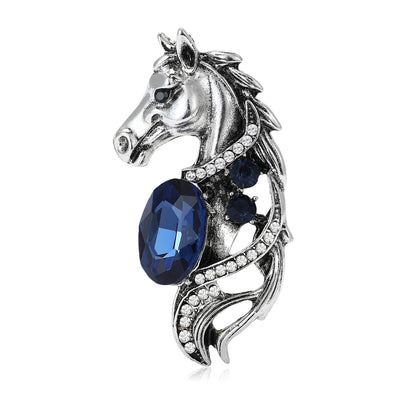 Main front view of Jeweled Horse Head Brooch In Antique Gold And Silver Tones