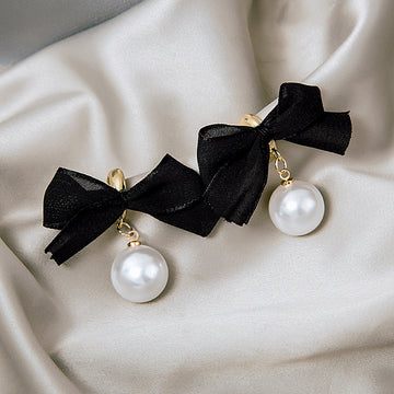 Black Fabric Bow and White Pearl Look Drop Earrings