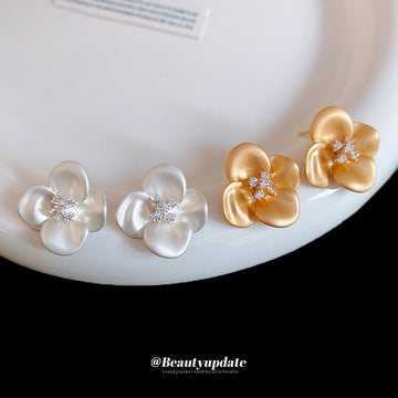 Four Petal Flower Stud Earrings in Gold and White, Two Styles