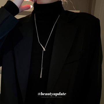 Silver Snake Chain Lariat Necklace Dual Teardrop Pendants