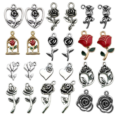 Colorful flower charms arranged on a light background