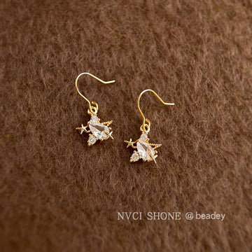Gold Clear Crystal Starfish Mini Fish Hook Drop Earrings