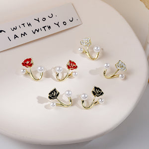 Gold-Tone Black Enamel Rose Ear Jacket Studs with Pearl Beads