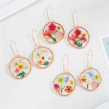 Gold Tone Oval Pressed Flower Long Hook Earrings in Three Designs