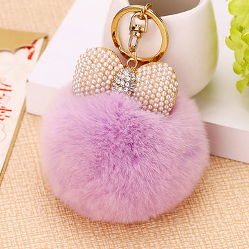 Pearl Bow Rabbit Fur Pom Keychains in Six Colors plus Bow Only Option