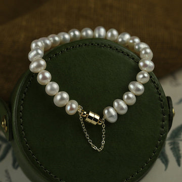 White Freshwater Pearl Bracelet With Gold Tone Barrel Clasp