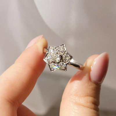 Silver hexagram star clear CZ cluster ring held between fingers