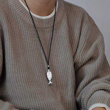 Silver Fish Pendant Necklace On Black Cord Pendant Jewelry