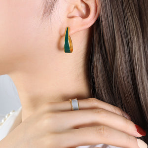Gold Steel Teardrop Enamel Hoop Stud Earrings Grey Green