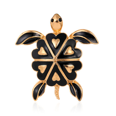 Front product view of the sea turtle brooch pin in gold and black