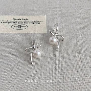 Silver Metal Ribbon Bow White Pearl Drop Earrings Pair