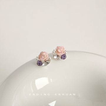 Pink Rose Stud Earrings Purple Crystal Clear Leaf Pearls