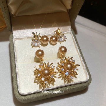 Sunburst Pearl Crystal Stud Earrings with Distinctive Textured Details