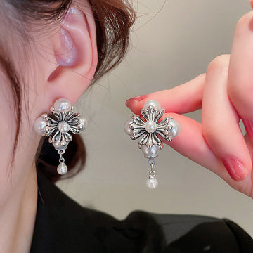 Antique Silver Cross Flower Pearl Drop Stud Earrings Alloy