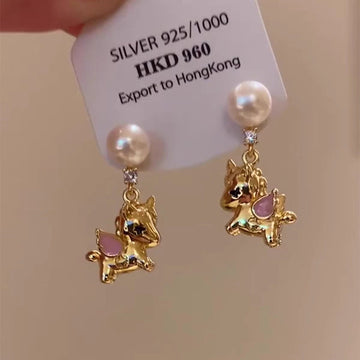 Gold Enamel Horse Pearl Stud Earrings Decorative Jewelry