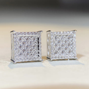 Square Clear CZ Micro Pave Stud Earrings Two Metal Tones
